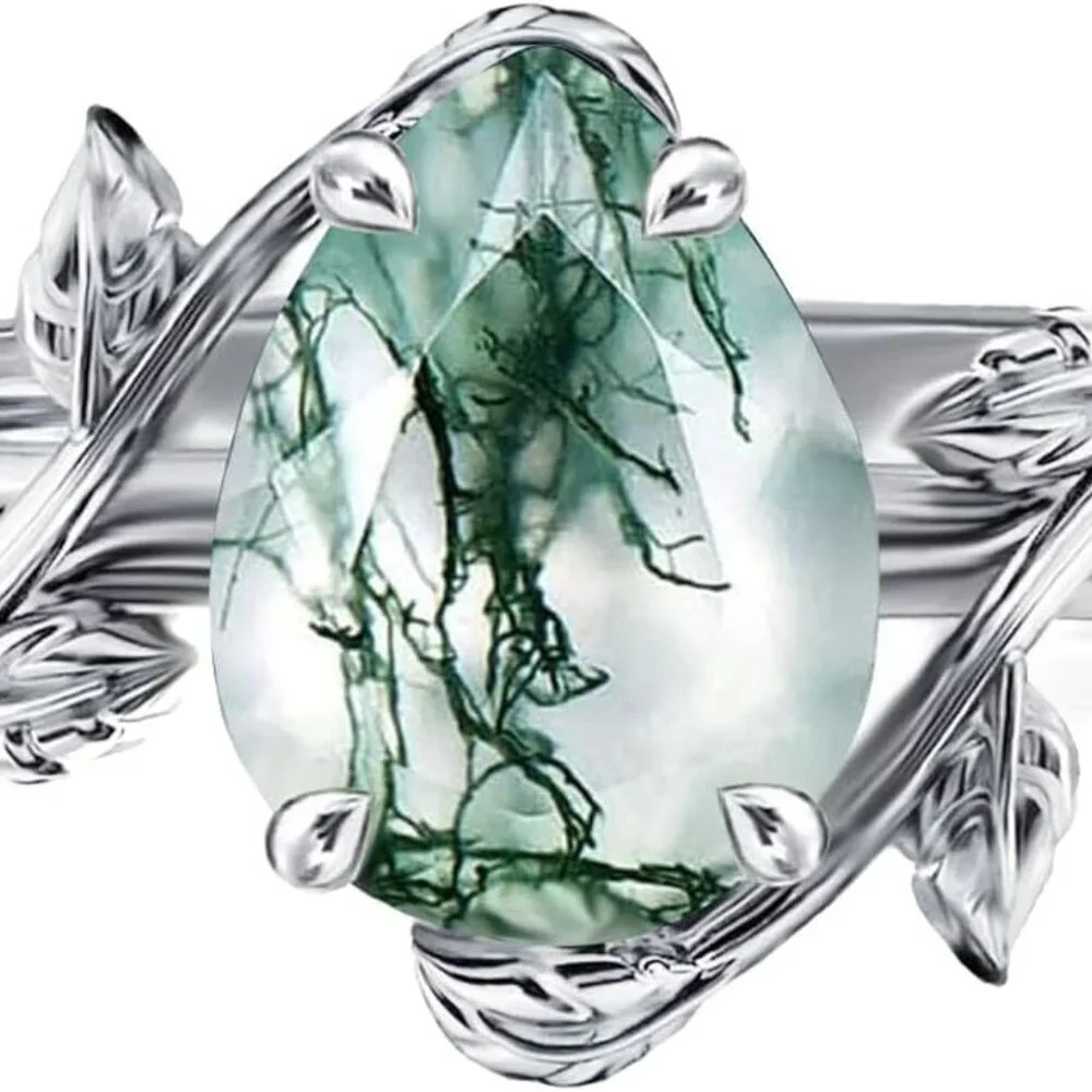 Natural Moss Agate Ring 925 Sterling Silver Opal Birthstone Ring 925 Sterling Si - Picture 2 of 6